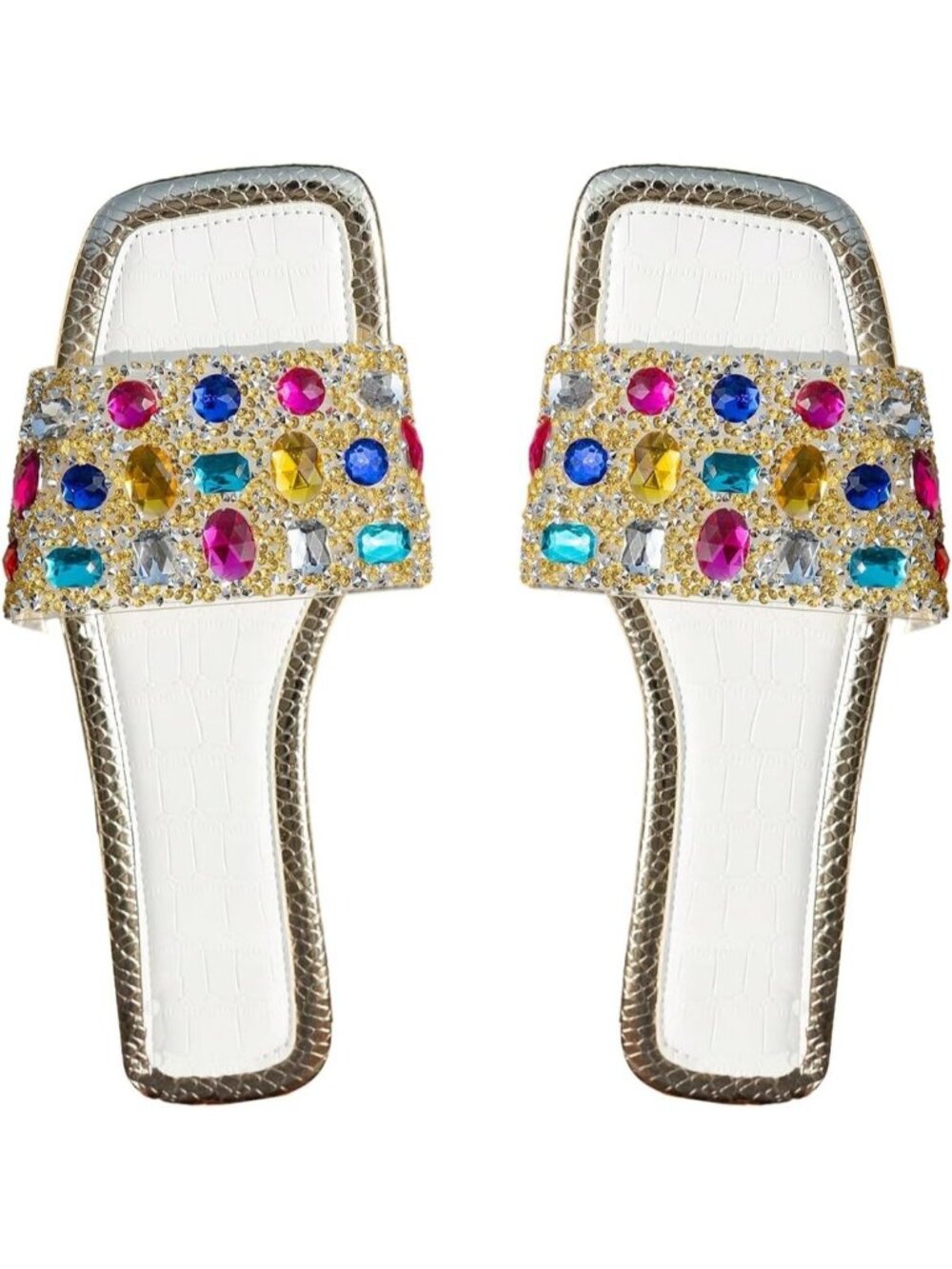 Women's White Summer Sparkly Rhinestone Bling Colorful Square Toe Flats